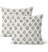 DAFENA Blue Green Pillow Covers 18x18 Inch 2 Pcs Block Print Vintage Floral Decor Throw Pillows B...