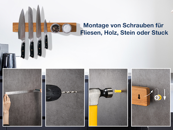 Magnetic knife holder installation options showing screw mount methods