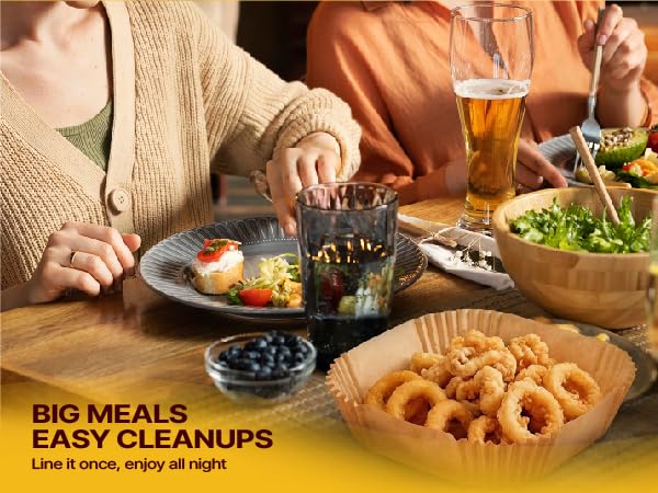 Text reads 'BIG MEALS EASY CLEANUPS'. Series of food preparation images showing hands preparing and serving various dishes.