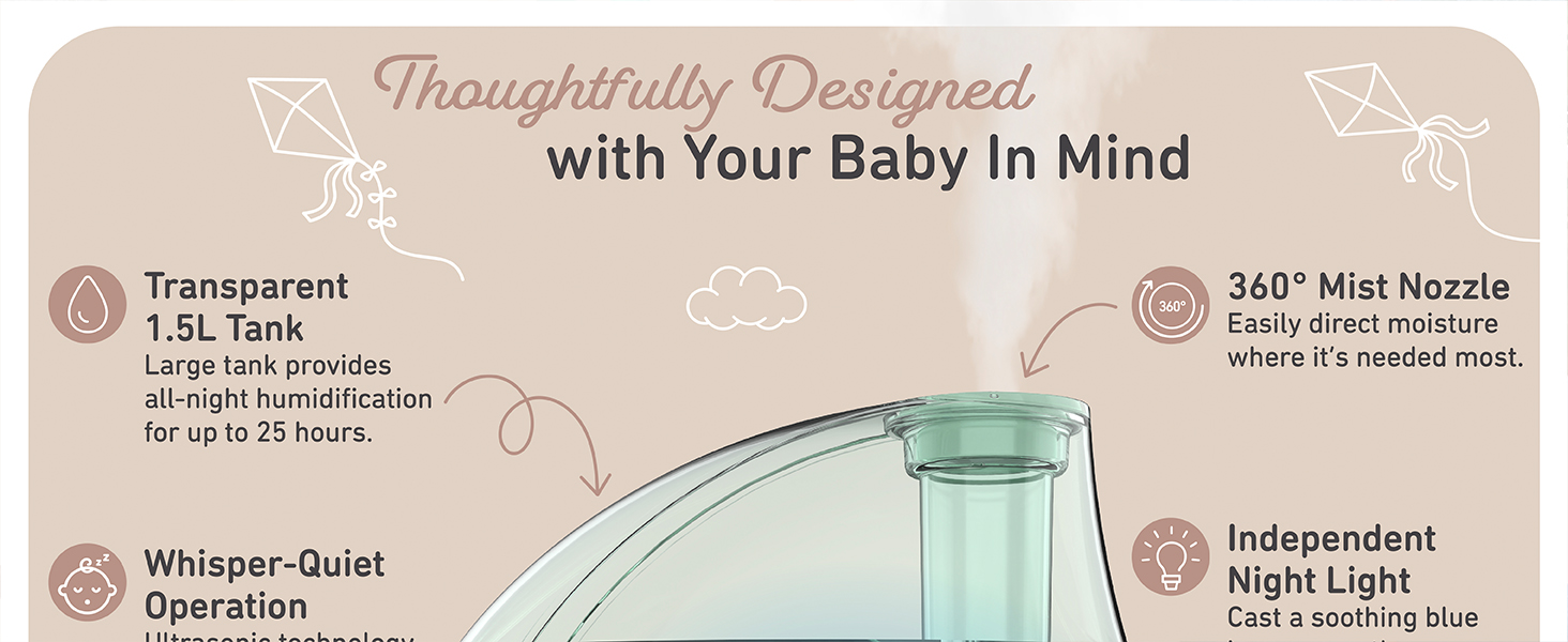 thoughtfully designed transparent tank night light 360 mist nozzle whisper quiet auto shut off