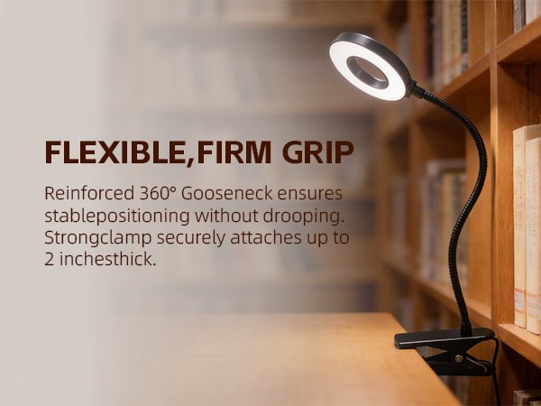 Clip on light with flexible gooseneck clamped to bed headboard, 360-degree adjustable reading lamp