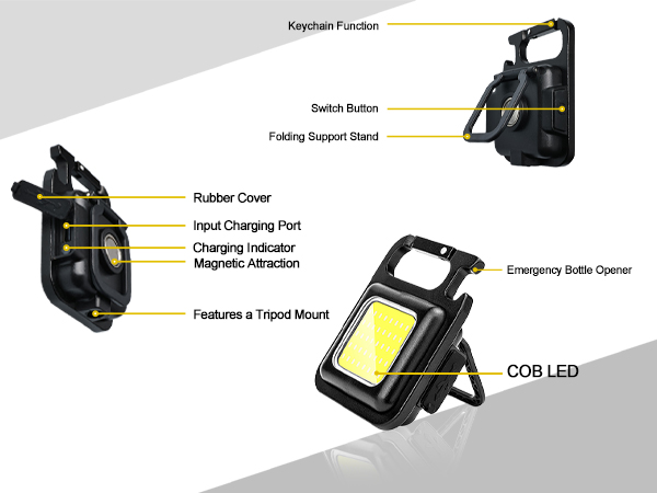 COB LED, magnet, bottle opener, tripod mount and charging port.