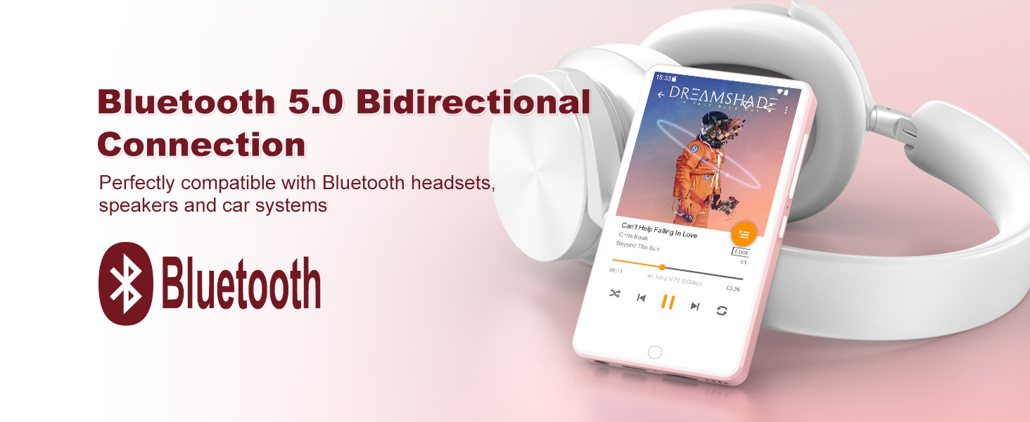 Bluetooth 5.0 bidirectional connection feature for a device, showing a smartphone displaying music controls and a pink background.