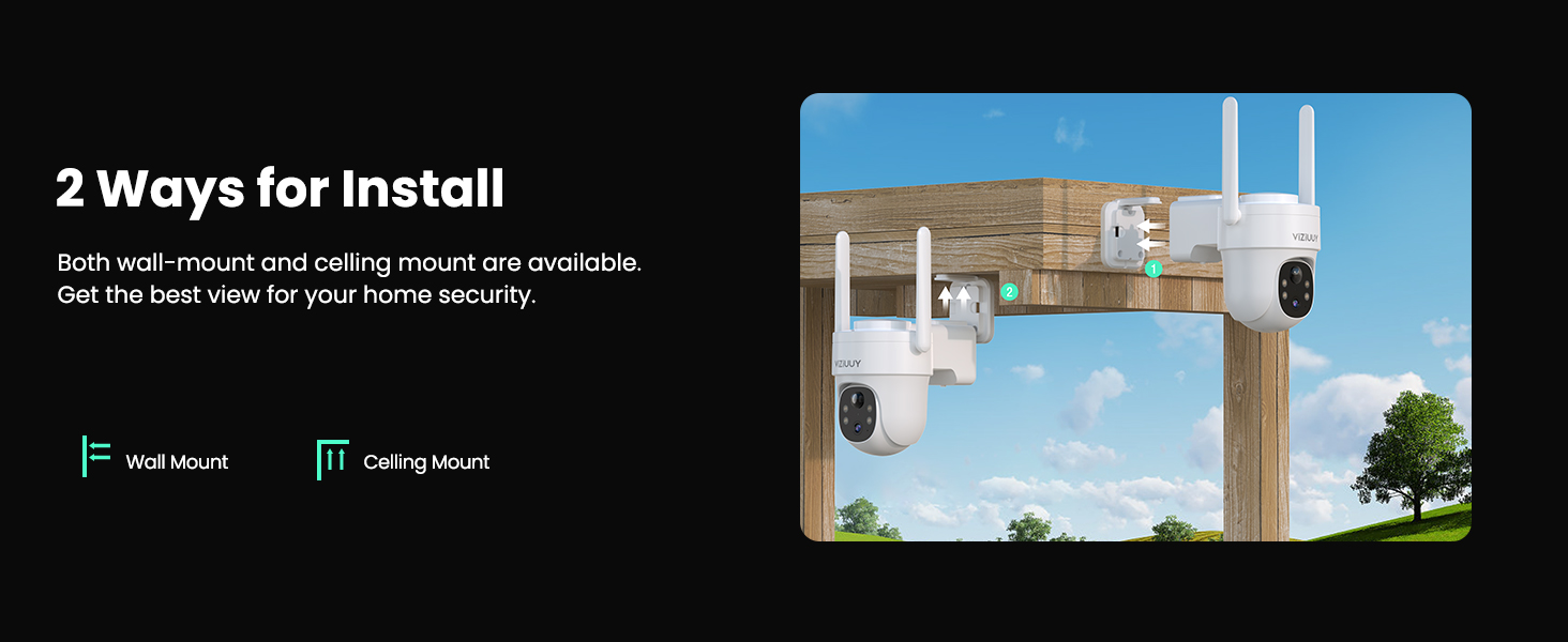 VIZIUUY solar security camera with wall mount and celling mount