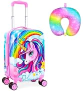 2Pcs Kids Suitcase Set, 16" Hardside Girls Travel Luggage with Spinner Wheels, Rainbow Unicorn Ca...
