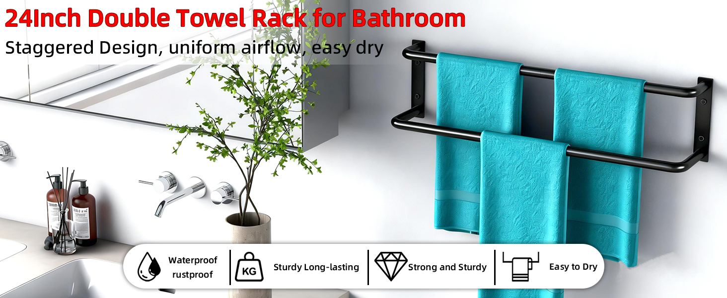 Double Towel Bar, 24 Inch Towel Rack for Bathroom Wall Mounted