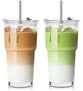 TUZAZO 20 Oz Clear Glass Tumblers with Lids and Straws - 2 Pack Reusable Glass Iced Coffee Cups w...