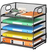 Lavatino 5 Tray Desk File Organizer, Black Mesh Paper Sorter Letter Tray Organizer with Handle, D...