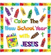 BeYumi 88Pcs Color the New School Year with JESUS Christian Bulletin Board Set Colorful Crayons C...