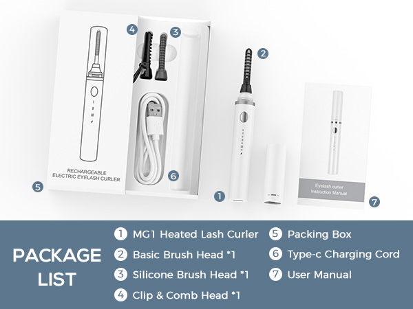 Product package contents diagram showing electric beauty tool with charging cord, brush heads, and user manual components labeled.