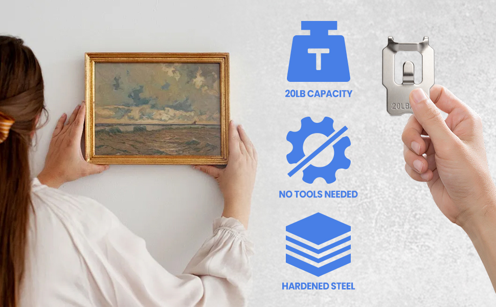 Hardened steel claw hooks 20lb capacity, strong wall mount fasteners for heavy art, no tool hangers.