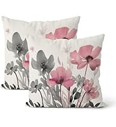 DAFENA Preppy Pink Floral Pillow Covers 18x18 Inch 2 Pcs Watercolor Grey Gray Flower Outdoor Deco...