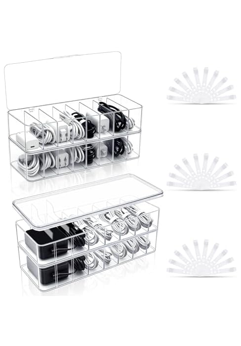 Cheardia 4 Pack Cable Organizer Box with Wire Ties, 2 Style Plastic Cord Storage Box, 10 In Adjus...