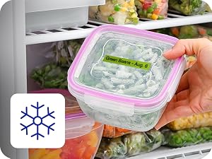 Icon of a snowflake, food container in freezer, with P-touch Btag label tape "Green Beans - Aug. 6"