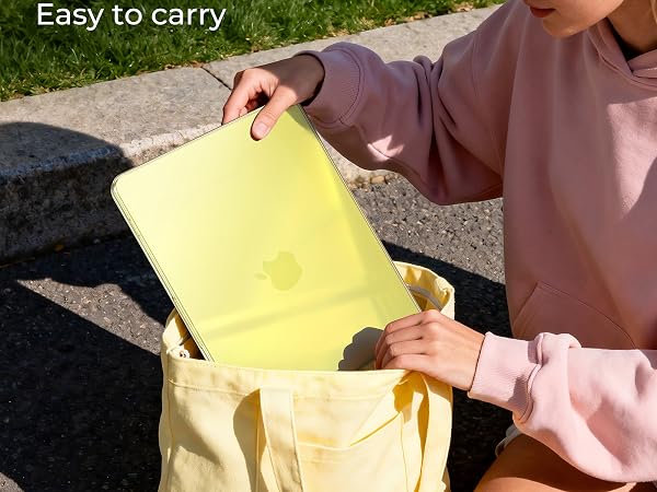 Text reads 'Lightweight and Slim, Easy to carry.' Person holding neon yellow foldable item outdoors, demonstrating compact portability and lightweight design.