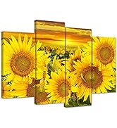iHAPPYWALL 4 Panel Sunflower Canvas Wall Art Sunrise Flowers in Field Autumn Landscape Picture Pa...
