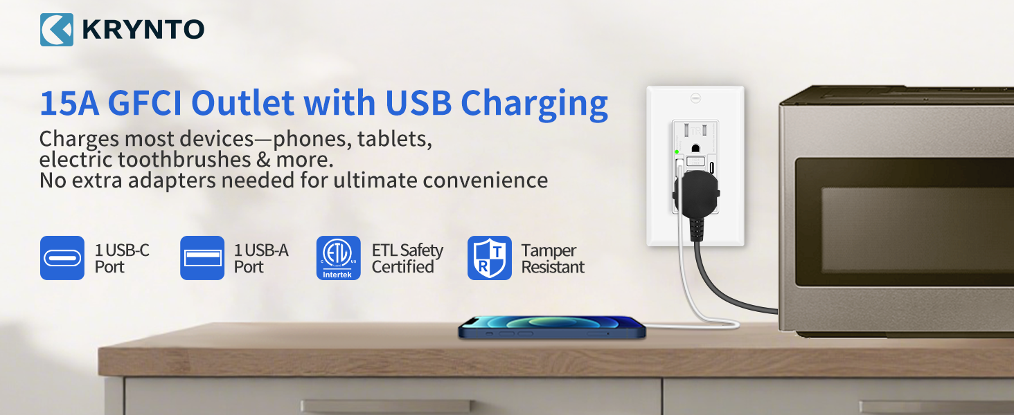 15 Amp GFCI Outlet with 2 USB Ports