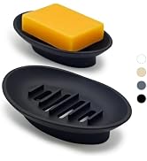 Aenfaiy 2 Pack Silicone Bar Soap Holder for Shower, Self-Draining Black Soap Dish Tray for Bathro...