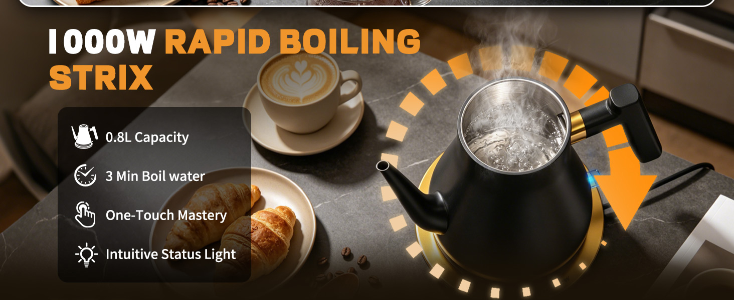 Barista boiling water with 1000W rapid heating gooseneck electric kettle on kitchen counter