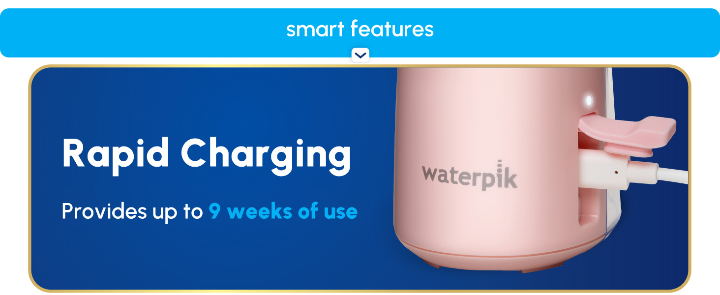 Image of charging cable in water flosser with text that says rapid charging