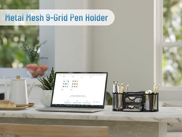 Elegance in Organization,Black Metal Mesh 9 Grid Pen Holder