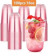 KesaPlan 100 Pcs 16oz Pink Plastic Cups, Disposable Round Bottom Stemless Wine Glasses, Clear Pin...