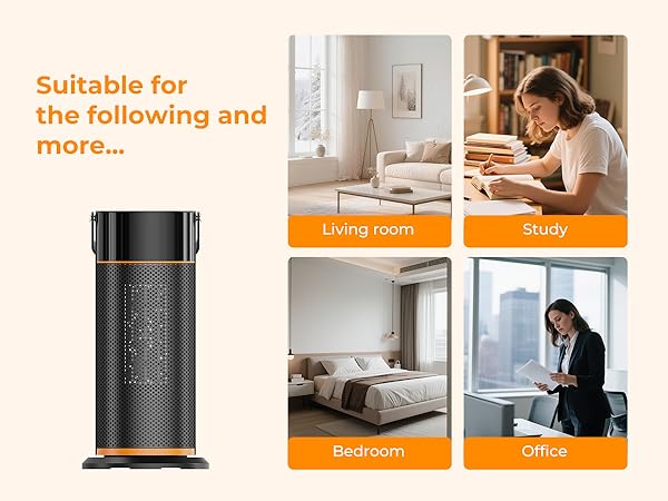 Text reads 'Suitable for the following and more...'. Grid layout showing product usage in living room, study, bedroom, and office settings with black cylindrical device.
