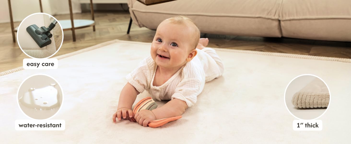photo of an infant on our play mat,infographic: easy to clean with a hoover,water-resistant,1? thick