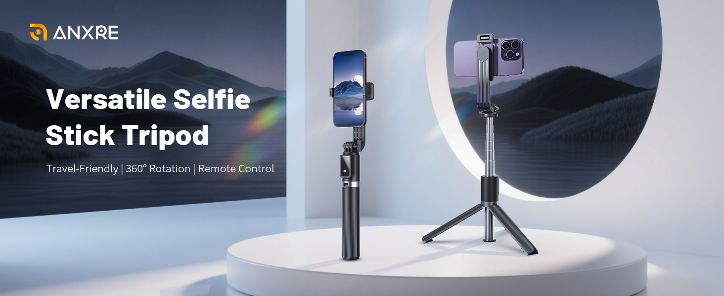 Extendable selfie stick tripod with phone mount. Features adjustable length, tripod base, and remote control. Displayed in extended and compact forms on a white pedestal.