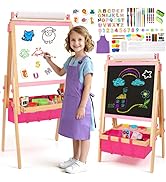 Wooden Easel for Kids, All-in-ONE Adjustable Easel with Art Supplies, Magnetic Double Sided White...
