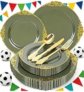 Joyido 125PCS Olive Green Plastic Plates - Green and Gold Disposable Plates - Vintage Plate with ...