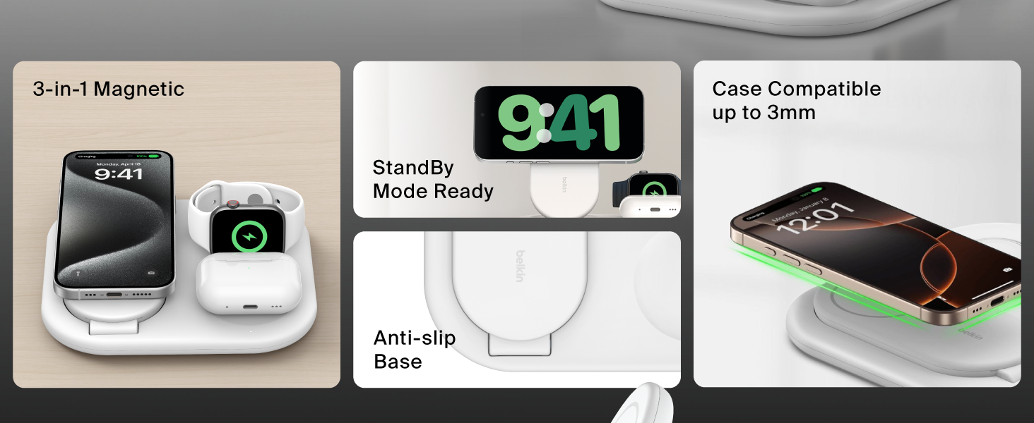 Image of belkin 3-in-1 charger specifications with text reading standby mode ready.
