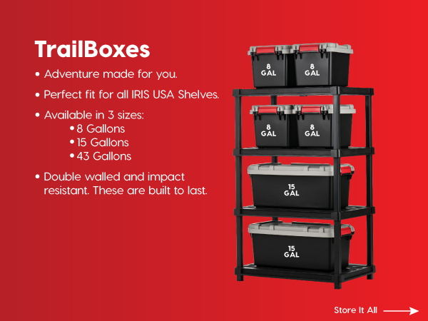IRIS USA trailboxes trail adventure plastic rack shelf shelves totes for storage bins with lids box
