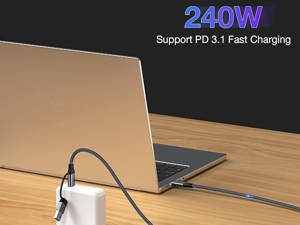 2-in-1 USB C Cable 20Gbps SuperSpeed Data Sync, 240W Fast Charge, 4K@60HZ Video Output