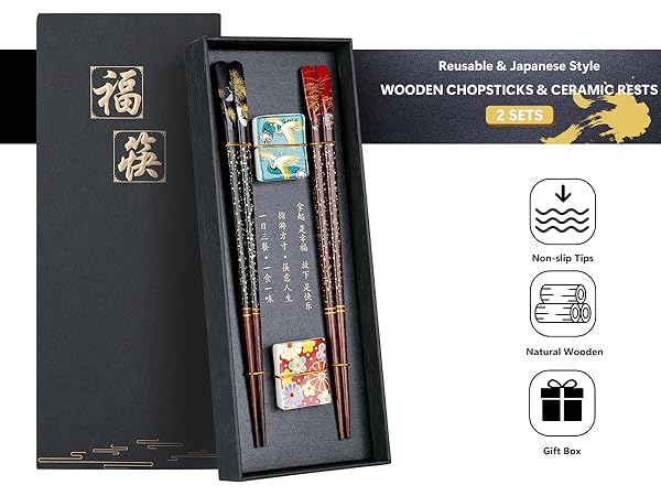 Reusable Wooden Chopsticks Set with Ceramic Rests