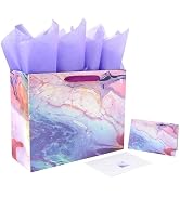 13" Large Purple and Red Gift Bag Set with Greeting Card and Tissue Paper(Marble Design) for Cele...