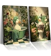 Frimeeme Duck Green Botanical Bathtub Canvas Wall Art, Floral Bathroom Decor Paintings, 2 Piece F...