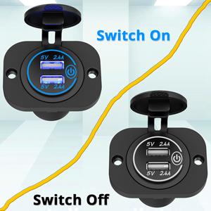USB Socket 12V Outlet with Touch Switch, Dual USB Car Charger 24V Power Outlet Waterproof Marine