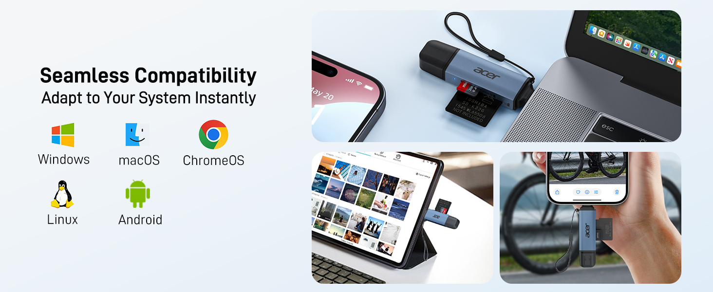 Text reads 'Seamless Compatibility' and 'Adapt to Your System Instantly'. Multiple images showing device mounting system with computer screens and smartphones.