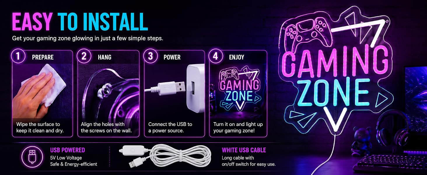 Gaming Zone Neon Sign Game for Wall Decor