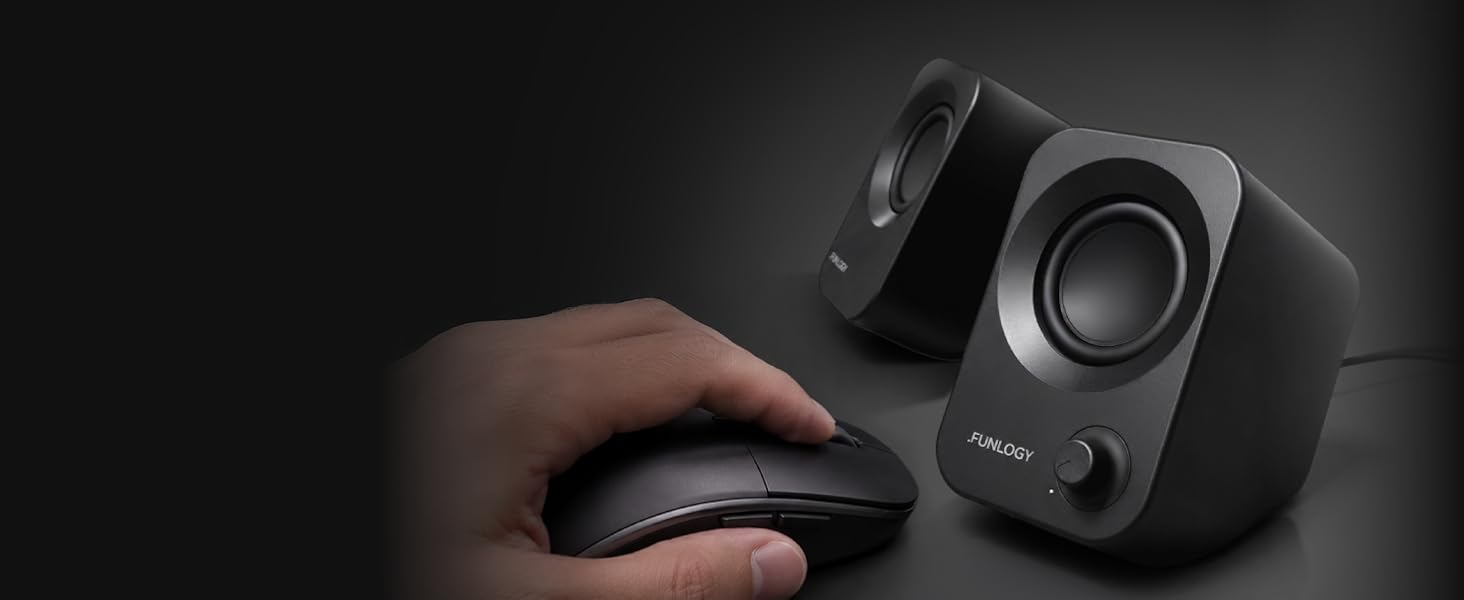 FUNLOGY Speaker Plus compact desktop speakers beside a computer mouse.