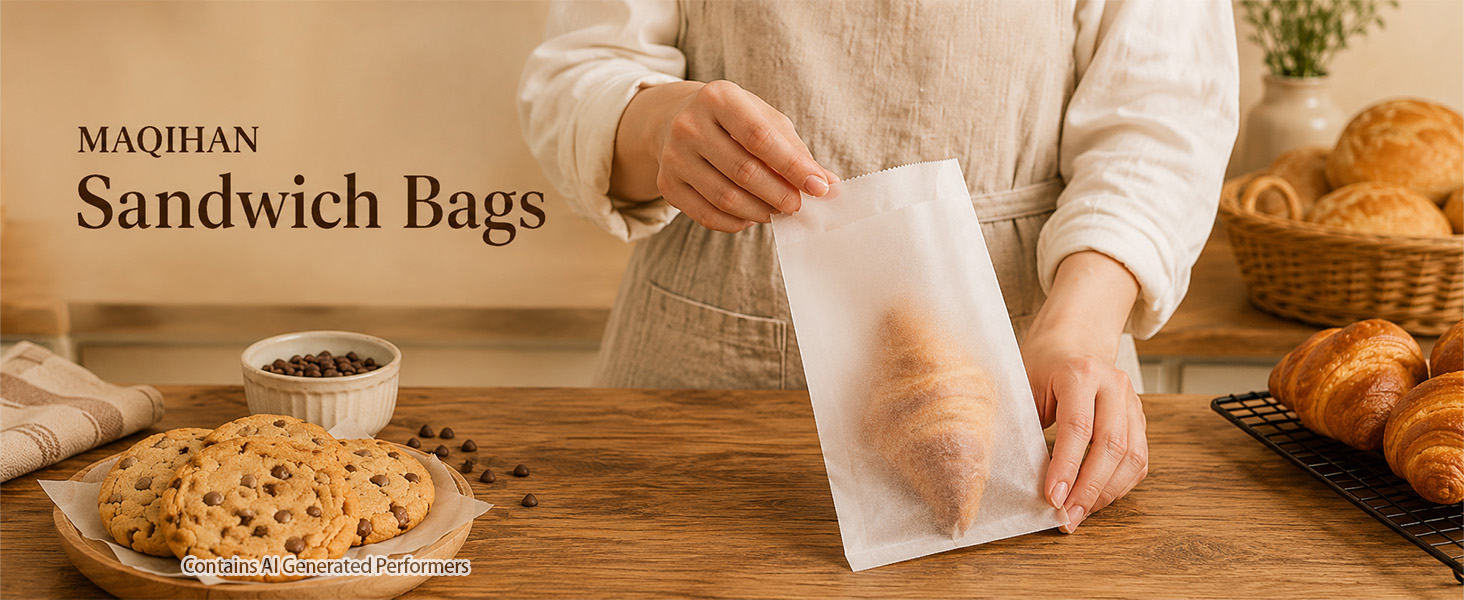 Text reads 'NAOBIAN Sandwich Bags'. Image shows hands holding white sandwich storage bag, with baked goods and bread loaf visible on wooden surface. Product packaging displayed.