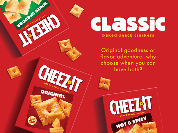 Overhead view of 3 boxes of Cheez-It crackers in different flavors on a red background, Big Flavor