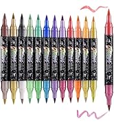 TOSHARE 24 Colors Glitter Markers Pens Dual Tip 12 Pack Glitter Brush Markers Professional Glitte...