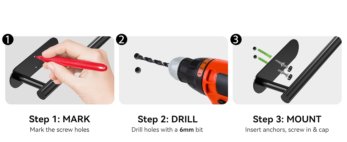 Drilling installation steps for wall mount paper towel holder with anchors screws and caps