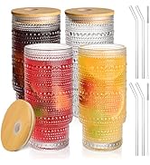 AUFXKOO 16OZ Glass Coffee Cups with Lids and Straw,4Pcs Glass Tumbler with Straw and Lid,Vintage ...