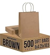 METRONIC 500 Pack Brown Paper Bags 8x4.25x10.5 inch,Medium Kraft Craft Gift Bag Bulk with Handles...