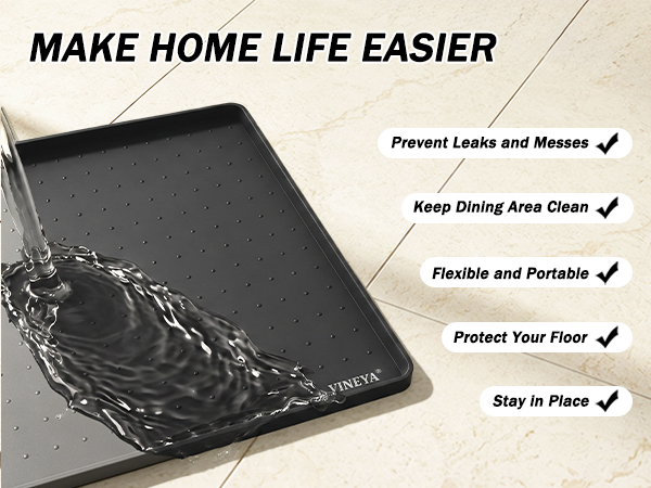Text reads 'MAKE HOME LIFE EASIER' with bullet points: 'Protect Leaks and Messes', 'Keep Dining Area Clean', 'Flexible and Portable', 'Protect Your Floor', 'Stay in Place'. Black washable mat with splatter pattern shown.