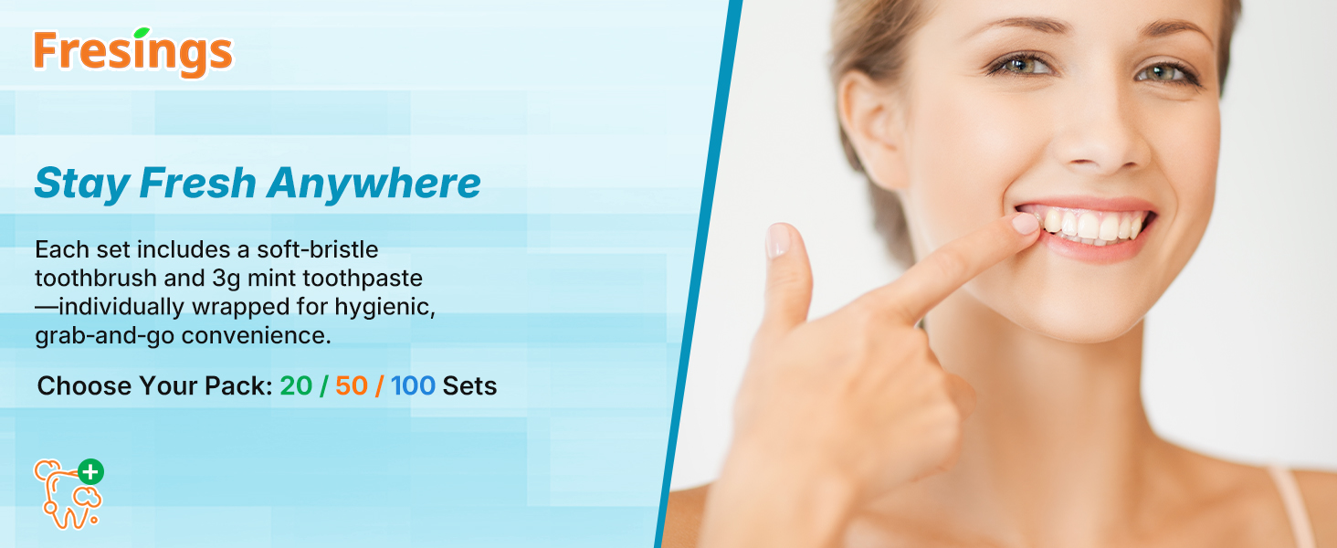 Individually wrapped toothbrush with 3g toothpaste; bulk packs 20/50/100 for travel, guests