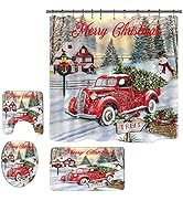 DOLASEV Christmas Bathroom Sets with Shower Curtain and Rugs, Red Truck Christmas Shower Curtain ...